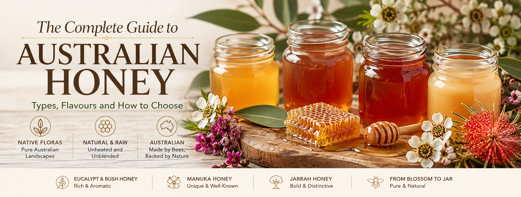 Australian honey varieties including Manuka and Jarrah honey with native Australian flowers