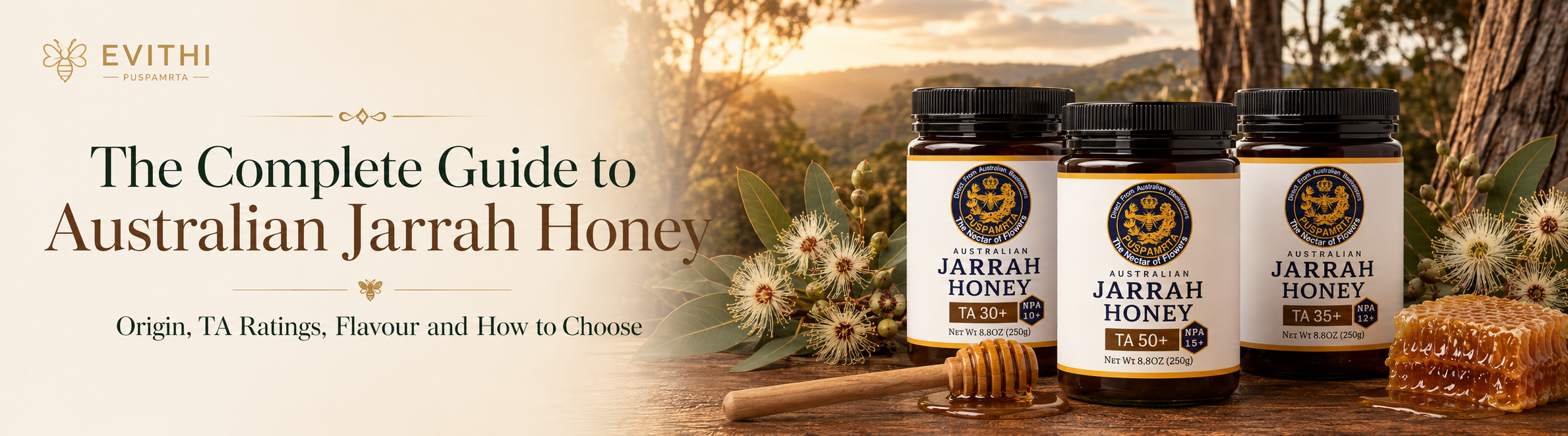 Australian Jarrah honey jars with Jarrah flowers, honeycomb and Western Australian forest landscape