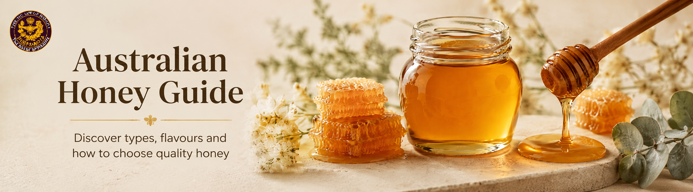Unlabelled jars of golden Australian honey with honeycomb, native flowers and a wooden honey dipper